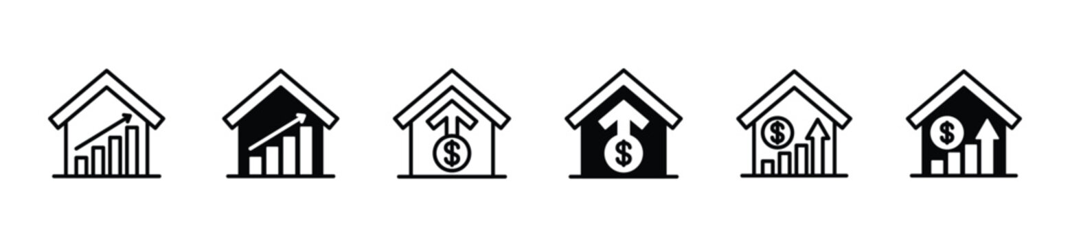 House investment growth line icon set. Growing house price icons. Rising housing costs symbol. Property value on white background. Vector illustration