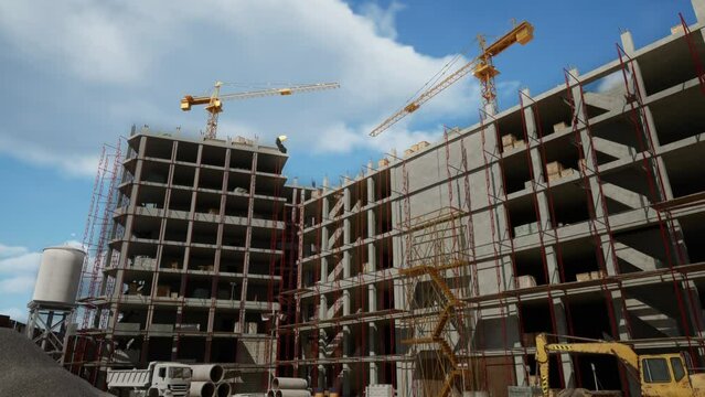 Working On Constraction Site Works Of New Skyscrapers. Urban Development Of High-Rise Towers And Building Activity
