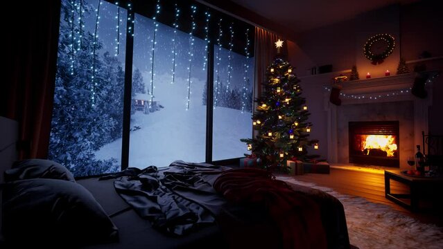 A burning fireplace in a quiet and cosy bedroom on Christmas Eve. Outside the window, snow is slowly falling on the winter forest.