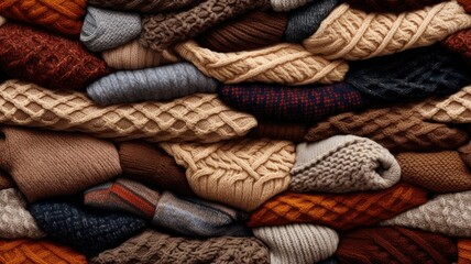 multiple folded knitted wool sweaters in various earthy tones to form a seamless pattern. the intricate details and textures of each sweater. SEAMLESS PATTERN. SEAMLESS WALLPAPER.
