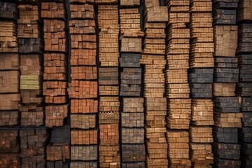Bricks pallets stacked in a warehouse from above