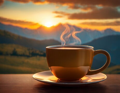 A delicious cup of hot tea on the background of a sunrise in the mountains