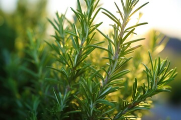 rosemary plant with leaves close-up under morning light