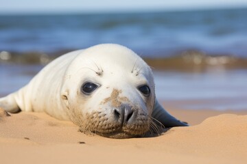 seal pup with eye injury basking on the beach