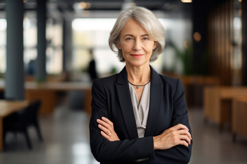 The portrait of an old businesswoman in a neatly suit outfit standing and smiling in a modern office, Generative AI.