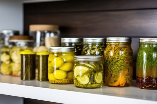 homemade pickles in jars on a kitchen shelf