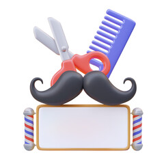 Colorful poster for barbershop with place for logo or text. 3d advertising sign, mustache, scissors and comb. Vector illustration in white, blue and red colors
