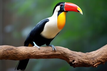 an exotic toucan perched on a thin branch