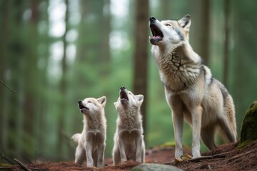 two wolves howling with their baby in forest - obrazy, fototapety, plakaty