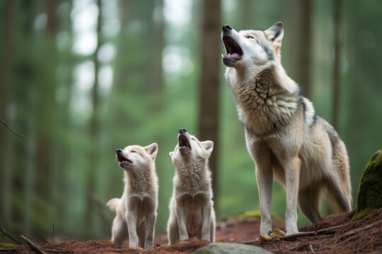 two wolves howling with their baby in forest