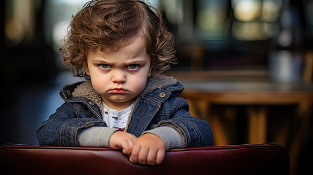 grumpy looking two year old toddler with a blue jeans jacket