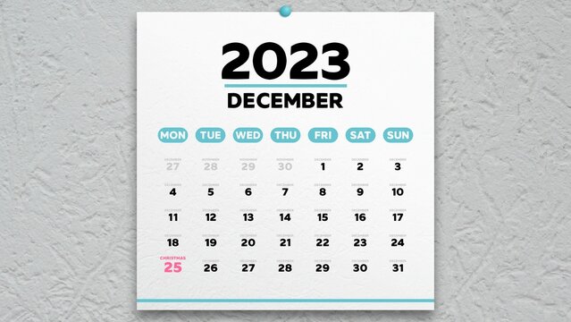 A beautiful December page of the calendar 2023 with the marked Christmas date on it