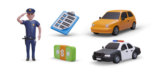 Concept of fine for traffic accident. 3D policeman, car, police car, wad of banknotes, list of violations. Set of vector illustrations in cartoon style © ArtHub02