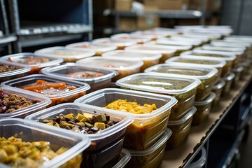 food packed in plastic containers, ready for distribution - obrazy, fototapety, plakaty