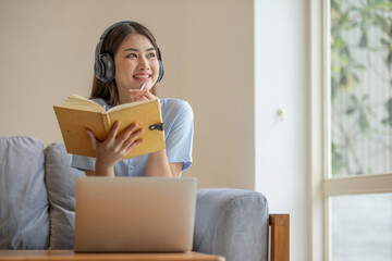 Asian girl student online learning class study online video call zoom teacher, Happy asian girl learn english language online with computer laptop...