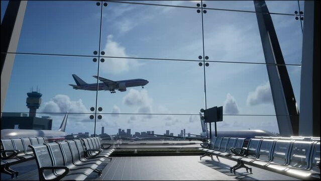 Empty Waiting Room In Airport Terminal. Airplane Takes Off Outside The Window, 3D Render
