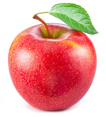 Ripe red apple with green leaf isolated on white background.