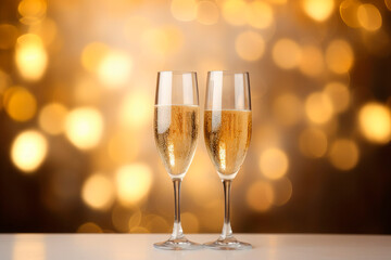 glasses of champagne on shiny and gold background