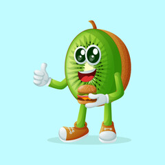 kiwi character holding a burger and smiling