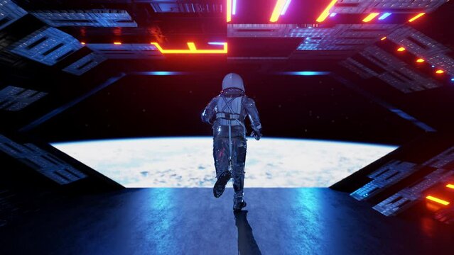 Astronaut jumping into space from spaceship