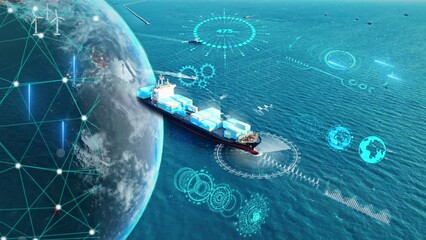 AI Cargo ship technology. Global Logistics international delivery concept, World map logistics and supply chain network distribution container Ship running for export import to customs ocean.