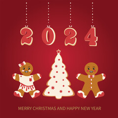 Merry Christmas and New Year 2024 greeting card. Christmas card with wishes and a composition of festive elements and gingerbread. Vector 