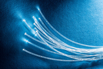 Bundle of optical fibers with lights in the ends. Blue background.