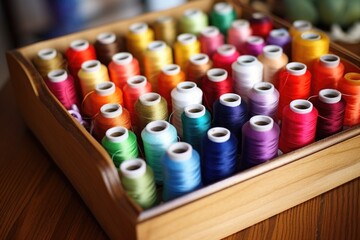 array of multi-colored thread spools in a sewing box