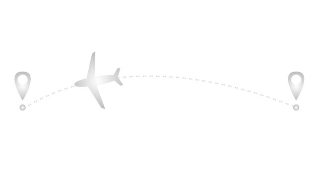 Animated silver the plane flies along a trajectory. Concept of airplane travel. Airplane flies from one place to another. Looped video. Vector illustration isolated on a white background.