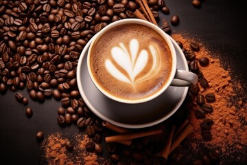 Naklejka premium top down view of a steaming cappuccino amidst coffee beans