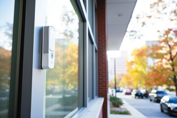 wireless window sensor attached to office building window - obrazy, fototapety, plakaty