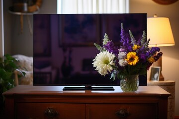 unplugged tv with a vase of flowers on top