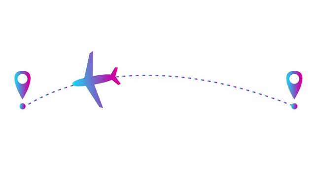 Animated pink blue the plane flies along a trajectory. Concept of airplane travel. Airplane flies from one place to another. Looped video. Vector illustration isolated on a white background.