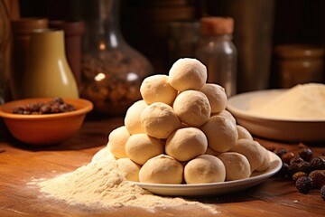 Fototapeta premium pile of uncooked dough balls ready to be baked