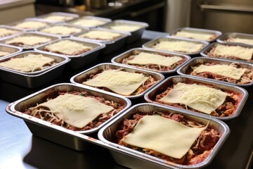 Obraz na płótnie Canvas multiple trays of lasagne ready for the oven
