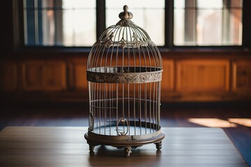 an empty birdcage on a table - obrazy, fototapety, plakaty