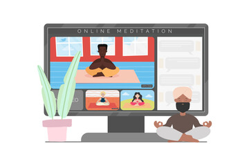Vector illustration of online meditation. Diverse people sitting in lotus pose and meditating at home through video meeting