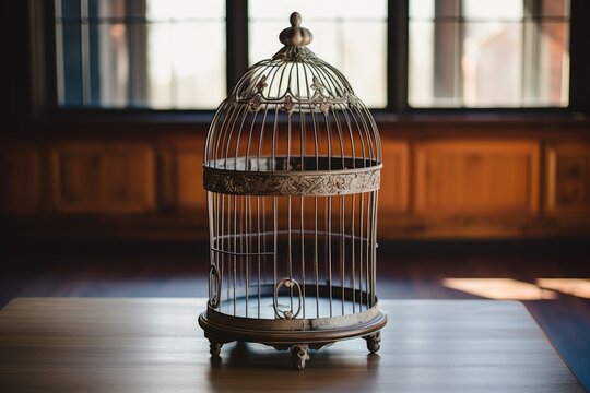 an empty birdcage on a table