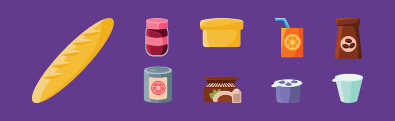 Foodstuff Icon and Different Product on Purple Background Vector Set