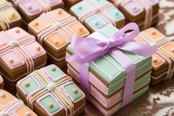 wrapped gift box cookies with detailed icing decorations
