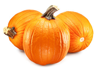 Three orange round pumpkins, symbol of Halloween isolated on white background.