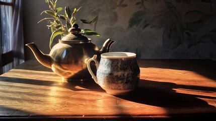  a tea pot and a teacup on a table with a plant.  generative ai - obrazy, fototapety, plakaty