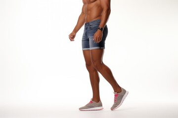 side shot of denim shorts with pockets visible, set on white