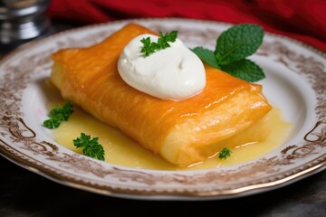 cheese blintz garnished with a dollop of sour cream