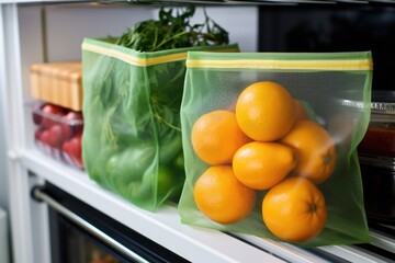 green mesh produce bags with fresh oranges in a fridge