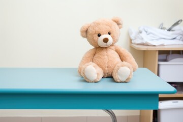teddy bear sitting on examination table