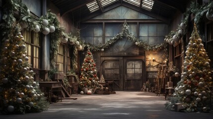 Generative AI, Christmas interior rural background, Santa Claus rustic workshop	