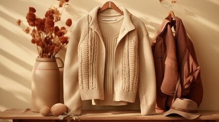 light brown sweaters and coats together, demonstrating how these classic pieces can be styled for the autumn season, the versatility of the clothing.