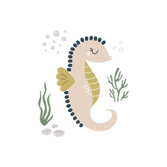 Sea composition with colorful seahorse and abstract elements.