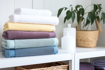 Fototapeta na wymiar freshly laundered towels stacked neatly on a bathroom shelf